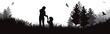 Vector silhouette of woman playing with her dog in park. Symbol of nature and pet.