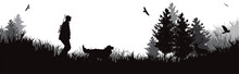 Vector Silhouette Of Hunter With His Dog In Forest. Symbol Of Hunting And Nature.
