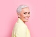 Close up photo of cheerful old businesswoman white short hair in yellow jacket smiling glad to see you isolated on pink color background
