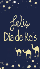 Wall Mural - Text happy kings day in catalan on blue background with camels.