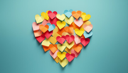 Post-it notes assembled in heart shape. Concept of loving your work and fall in love in the office. 