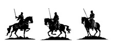 Vector Silhouette A Knight With Sword On A Horse Black Isolated On White	