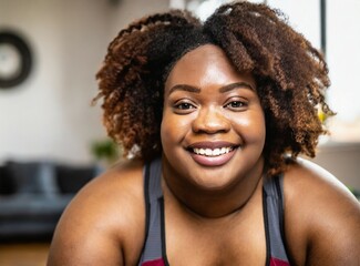 Sticker - Chubby black young woman doing exercise at home. Home work out concept. Smiling face, closeup portrait.