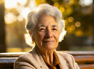 Wall Mural - Happy old lady sitting on the park, smiling face closeup. Retirement concept.