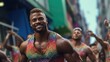 Full body photography of a group of beautiful muscular men during the gay pride parade, include one black man, they are dancing and having fun, rainbow colors, rainbow flags in the background, 