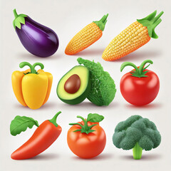 3D illustration of vegetables like this tomato, banana, cabbage, avocado, eggplant, bok choy and red chili, Isolated set of 3d vegetable icons, modern graphic, autumn harvest food on white background 