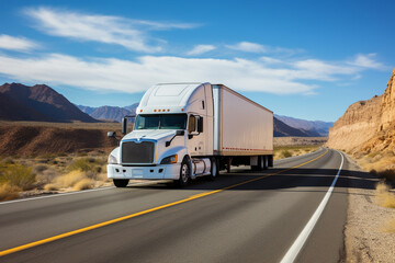 Wall Mural - A white cargo truck with a white blank empty trailer for ad on a highway road in the Europe