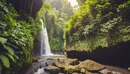 Canvas Print - gorge with rocky vaults covered with lush foliage plants nearby beautiful bali waterfall sekumpul in tropical forest on bali indonesia