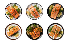 Collection set a plate of grilled salmon steak with vegetables isolated on a transparent background, top view
