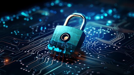 Secure connection or cyber security service concept on a circuit board. Suitable for cybersecurity concepts, technology security, data protection, and futuristic digital designs.