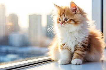 Wall Mural - Cute pedigree kitten sitting on the windowsill against the background of the window of a modern apartment