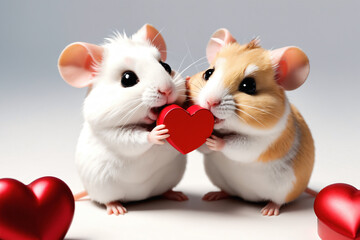 Wall Mural - Cute couple hamster in love celebrating Valentine's Day with a gift, simple white background, cartoon style