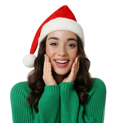 Canvas Print - Christmas celebration. Beautiful young woman in Santa hat isolated on white