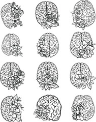 set of brain drawn flowers