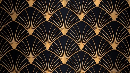 Seamless pattern art deco with golden fan shape and line. 
