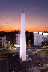 Sticker - Aerial view of the iconic Obelisk of Buenos Aires, Argentina. There is a colorful sunset in the background