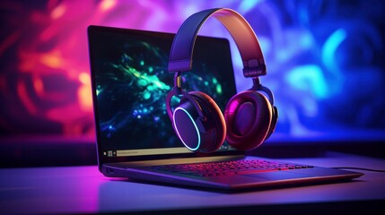 Wall Mural - Pro gamer headset neon laptop template