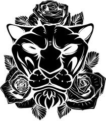 Sticker - vector black silhouette of lion with rose on white background