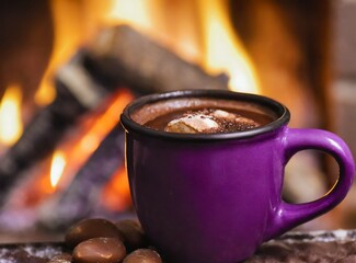 Canvas Print - Closeup of purple cup of hot chocolate with marshmallow at cozy home, with fire on the background. Winter holiday season concept.