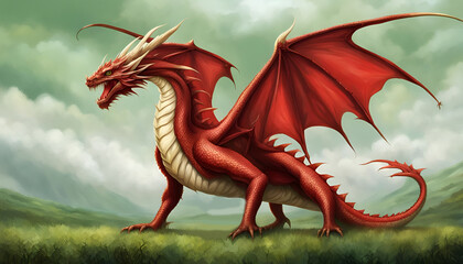 Wall Mural - St. David's Day Fierce Red dragon in a field Welsh ~ Created with Generative AI.
