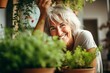 Portrait of a calm senior grey haired woman feeling the joy of plant parenthood.