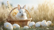Easter festival background design. Cute rabbit in a basket with white easter eggs with golden pattern on grass and field background. Outdoor ambience.