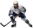 © Semper Fidelis - A hockey player in a blue and white uniform and a white helmet is skating with a stick in his hands. Isolated on a transparent background