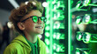 © IndigoElf - Smiling happy boy wearing glasses stands in an optical store near showcase with glasses. Vision correction, glasses store visually impaired children.