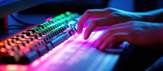 Working on a neon computer keyboard with colored backlighting. Selected focus