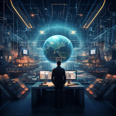 Cybersecurity. Desktop computer in data center system control room. Young professional doing code programming