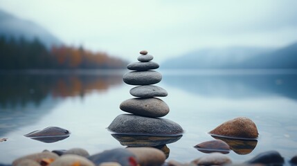 Poster - A stack of rocks sitting on top of a body of water, AI