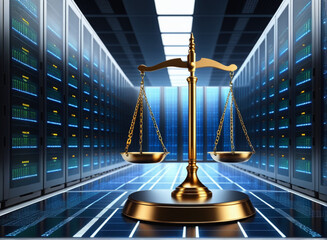 Wall Mural - Law scales on background of data center. Digital law concept of duality of Judiciary, Jurisprudence and Justice and data in the modern world.