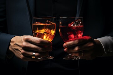 Poster - Glasses of alcohol at a party. Background with selective focus and copy space