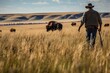 Experience the exhilarating pursuit as a bison hunter tracks fresh bison prints through tall grasses, showcasing their expertise in anticipating the movements of these majestic animals