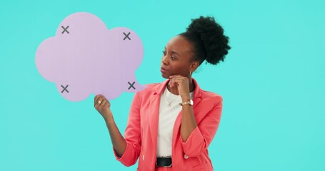 Canvas Print - Thinking, face and black woman with speech bubble in studio for faq, how to or translation on blue background. Social media, poster and portrait of African female with why, emoji or quote questions