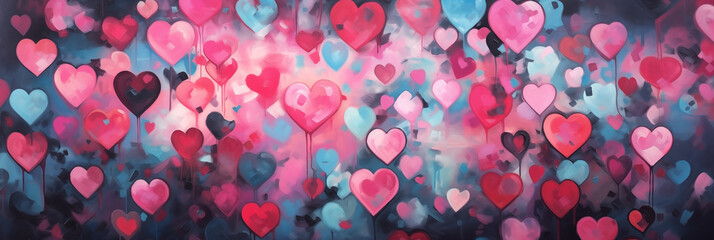Wall Mural - Valentines day watercolor abstract hearts background banner, art aquarelle painting illustration. Panoramic web header with copy space. Wide screen wallpaper