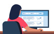 © Alena - Woman looking for a flight tickets. Flight search website on a computer screen. Avia sale web site aggregator for buying tickets online. Search bar and results, flight options. Vector illustration.
