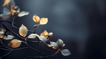 Wall Mural - A close up of a branch with leaves on it against the dark background, AI