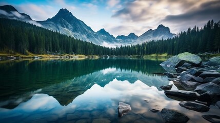 Wall Mural - Peaceful mountain lake in Park .Dramatic overcast sky. 