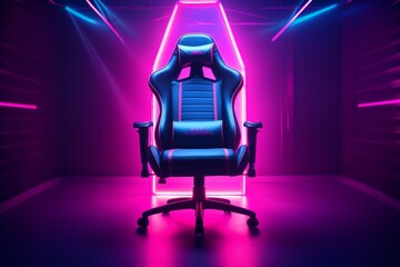 Gamer ergonomic chair in neon light room