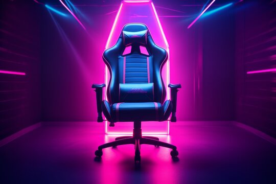 Gamer ergonomic chair in neon light room