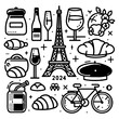 Illustration set related to simple and cute France (monochrome). France symbols vector icon set. Popular French landmarks, food and attractions.