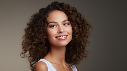 Wall Mural - A portrait of a female model with curly hair and healthy, clean skin who is wearing a basic t-shirt isolated over a white background.