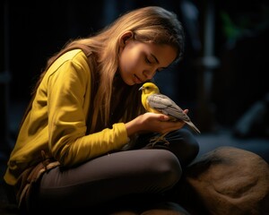 Young woman with a bird displaying a moment of connection