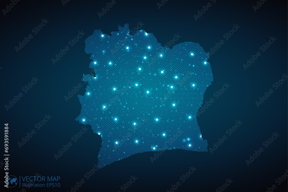Ivory Coast map radial dotted pattern in futuristic style, design blue ...