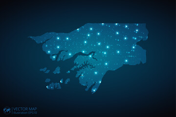 Poster - Guinea-Bissau map radial dotted pattern in futuristic style, design blue circle glowing outline made of stars. concept of communication on dark blue background. Vector illustration EPS10