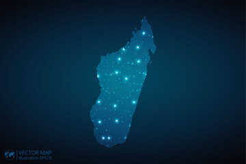 Poster - Madagascar map radial dotted pattern in futuristic style, design blue circle glowing outline made of stars. concept of communication on dark blue background. Vector illustration EPS10