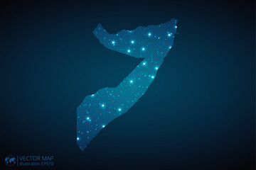 Poster - Somalia map radial dotted pattern in futuristic style, design blue circle glowing outline made of stars. concept of communication on dark blue background. Vector illustration EPS10