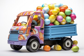 Poster - Toy truck full of colorful Easter eggs. Generative AI