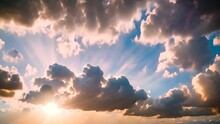 Cloudscape Timelapse Of Sunset Sky Clouds With Nice Blue And Yellow Colors And Sunlight Through Clouds. Beautiful Clouds In The Sky With Sunbeam At Sunset